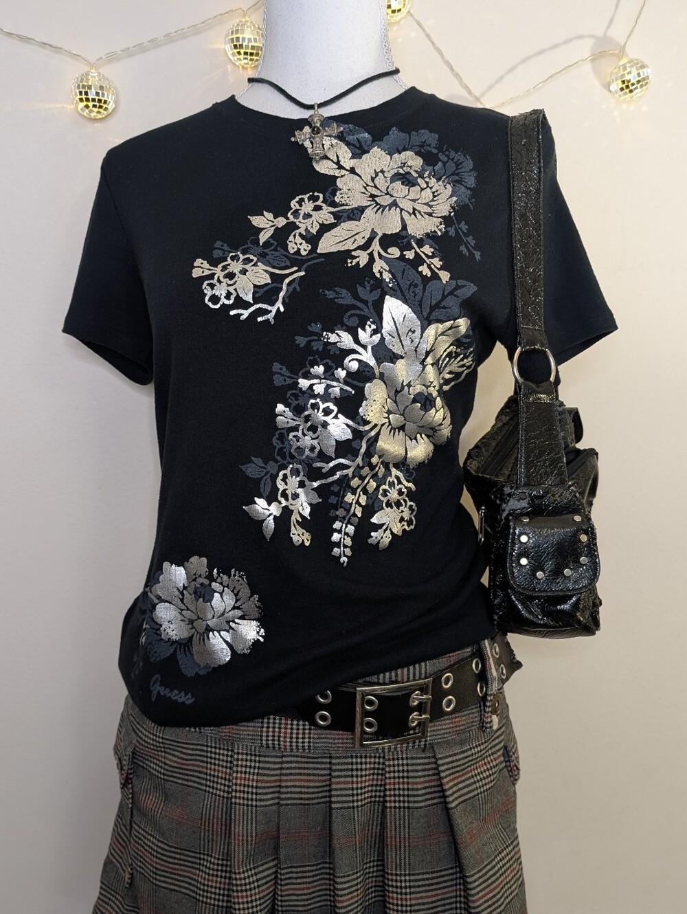 Guess Black Floral Foil Graphic Tee - Metallic Silver Floral Print